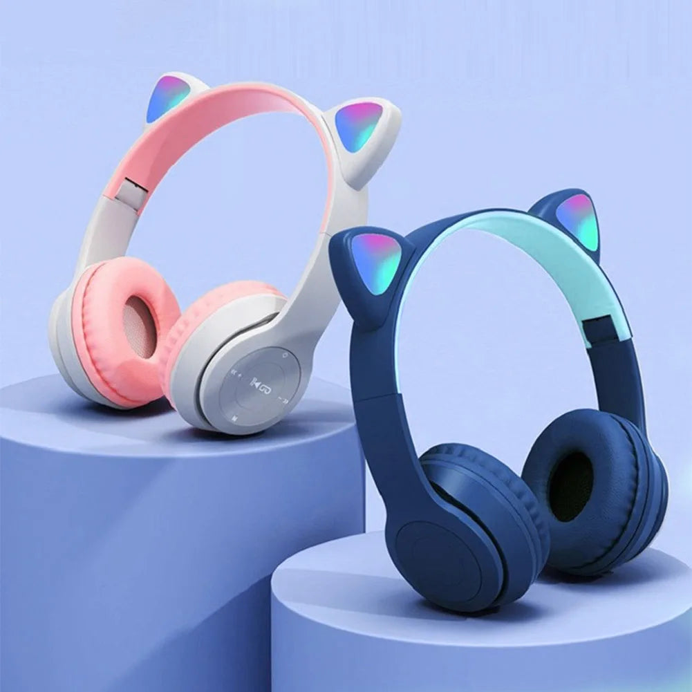 Wireless Headphones Cat Ear Bluetooth-Compatible Helmets Glow Light Over-Ear