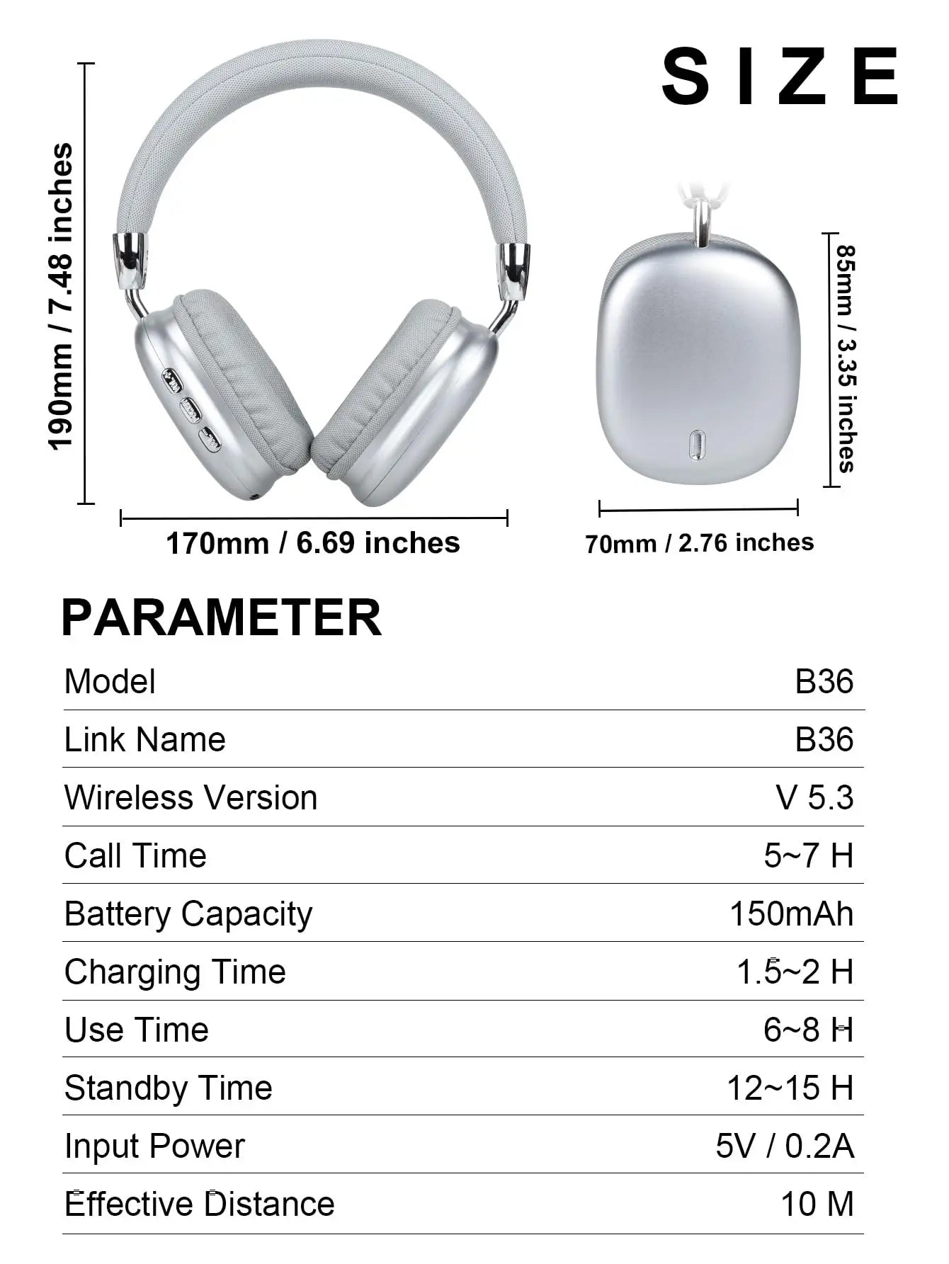 B36 Wireless Bluetooth 5.3 Over-Ear Headphones with ANC Noise Cancelling
