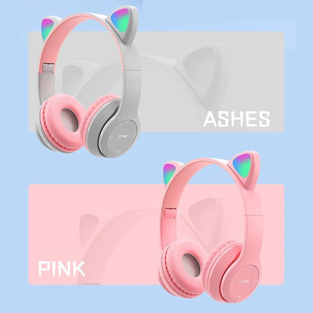 Wireless Headphones Cat Ear Bluetooth-Compatible Helmets Glow Light Over-Ear